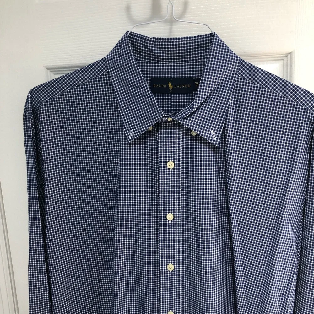 Polo Ralph Lauren Button Shirt Blue White Gingham Plaid Mens Red Pony XL Cotton